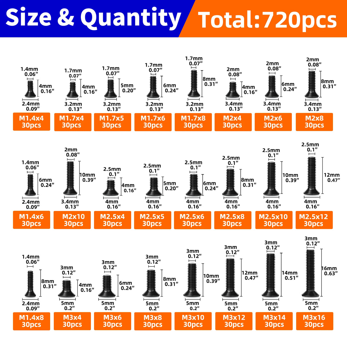 720pcs Countersunk Flat hHead Phillips Small Mini Screw Set M1.4-M3 Carbon Steel Computer Notebook Laptop Screws Kit
