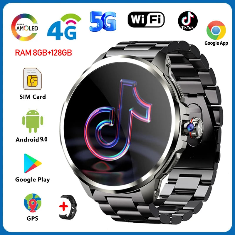 5G/4G Full Network Smart Watch Men 1.95 inch AMOLED Screen 8GB+128GB RAM 900W Camera GPS WIFI Google APPS Android 9.0 Smartwatch