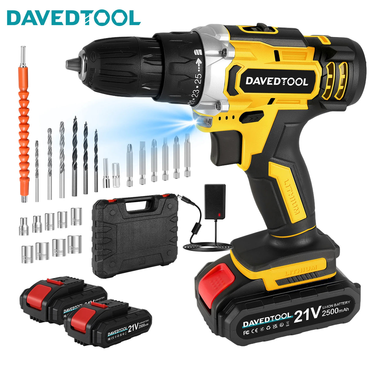 DAVEDTOOL 21V Cordless Drill Driver Kit Electric Screwdriver 2 Speed Gear, 2 x Batteries, 24 Piece Accessories for Home and DIY