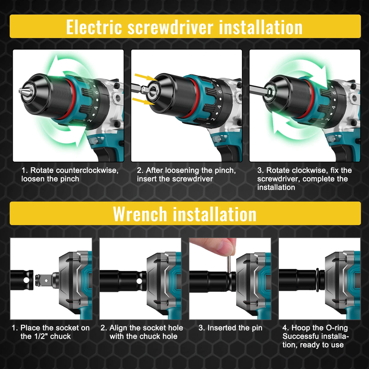 CONENTOOL Cordless Impact Wrench 520Nm 1/2" + Cordless Drill 120Nm 3/8" + 2x 4000mAh Battery + 6 Sockets + Charger + Carry Case