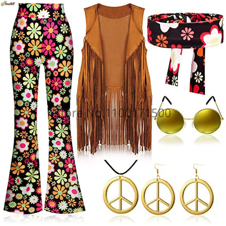 Halloween Hippie Costume Women's Set for Carnival 70s Clothing Accessories Six-Piece Set Tassel Vest+Pants+Headband Set