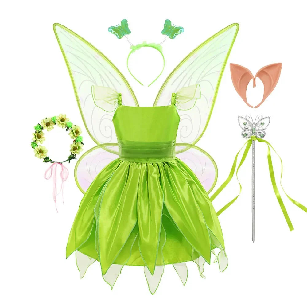 Girls Fairy Tinker Bell Costume Halloween Carnival Elves Party Peter Pan Cosplay Costume for Kids Green Tinkerbell Fancy Dresses