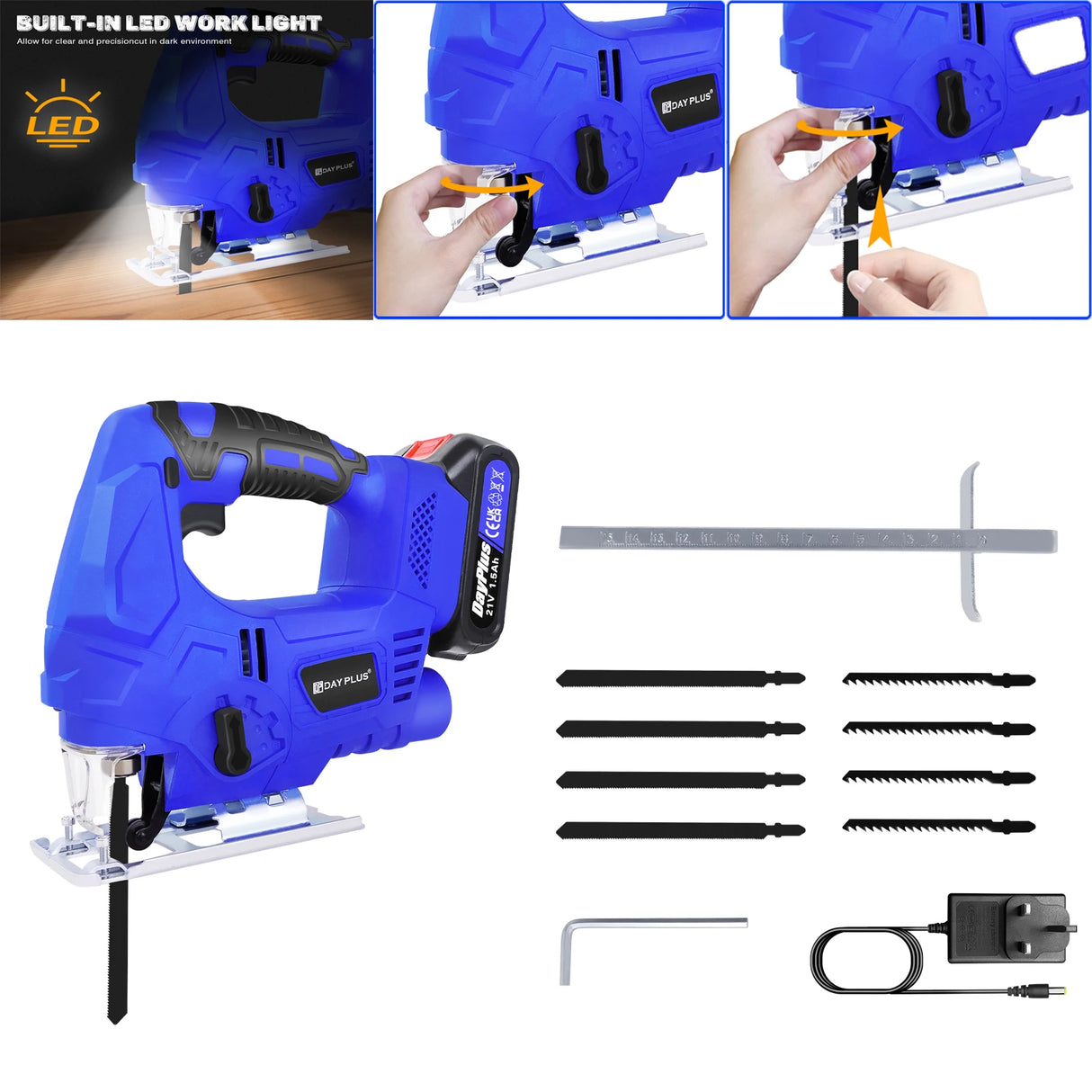 21V Cordless Jigsaw Tool with 2.0 Ah Battery,3000RPM Brushless Motor Portable Multi-Function Power Tool for Wood Metal Cutting