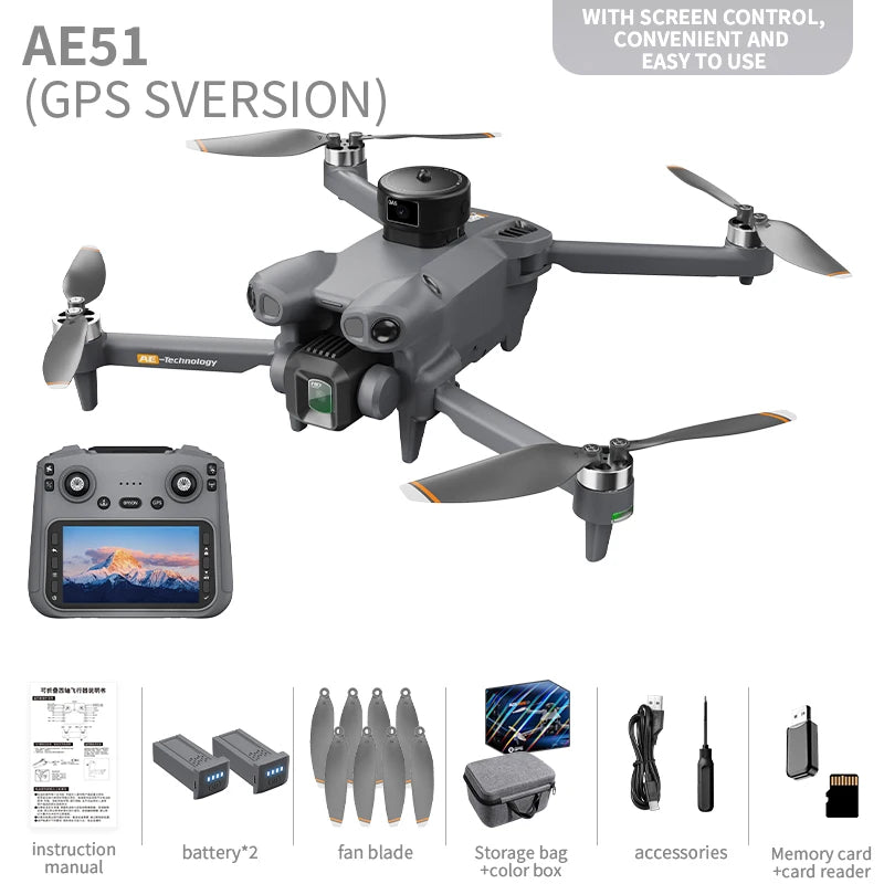 AE51 Foldable GPS Drone 4.5 Inch Large Screen Controller 4K HD Camera Optical Flow Stable Hover WiFi FPV RC Quadcopter for Gift