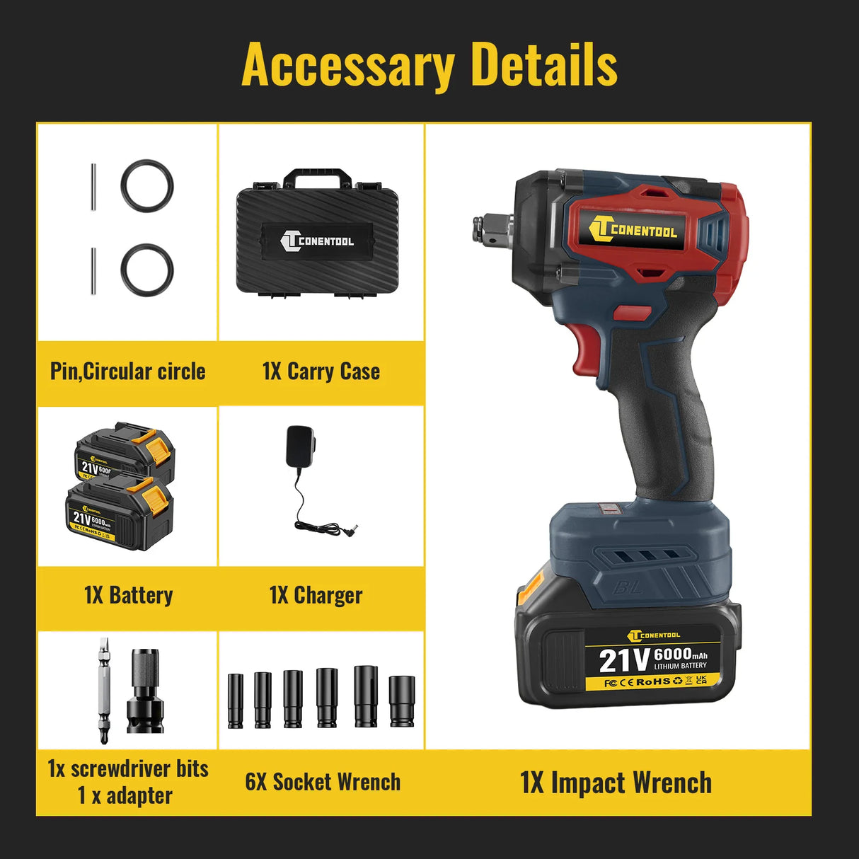 CONENTOOL 21V Cordless Electric Impact Wrench 520N.m Drill Gun Ratchet Driver With 2x 6000mAh Batteries & Carry Box for Car Home