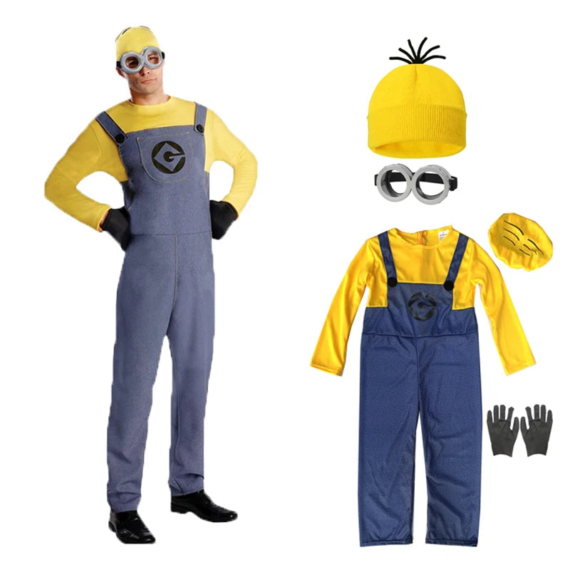 Family Little Yellow Men Cosplay Costume Set Adult Yellow Shirt Blue Overalls Halloween Carnival Party Role Play Outfit