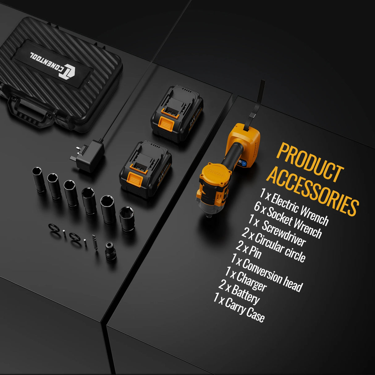 CONENTOOL 21 V Cordless Impact Wrench, 1/2in 680N.m High Torque Drill, Brushless Impact Gun with 2x 4000mah Batteries, 6 Sockets
