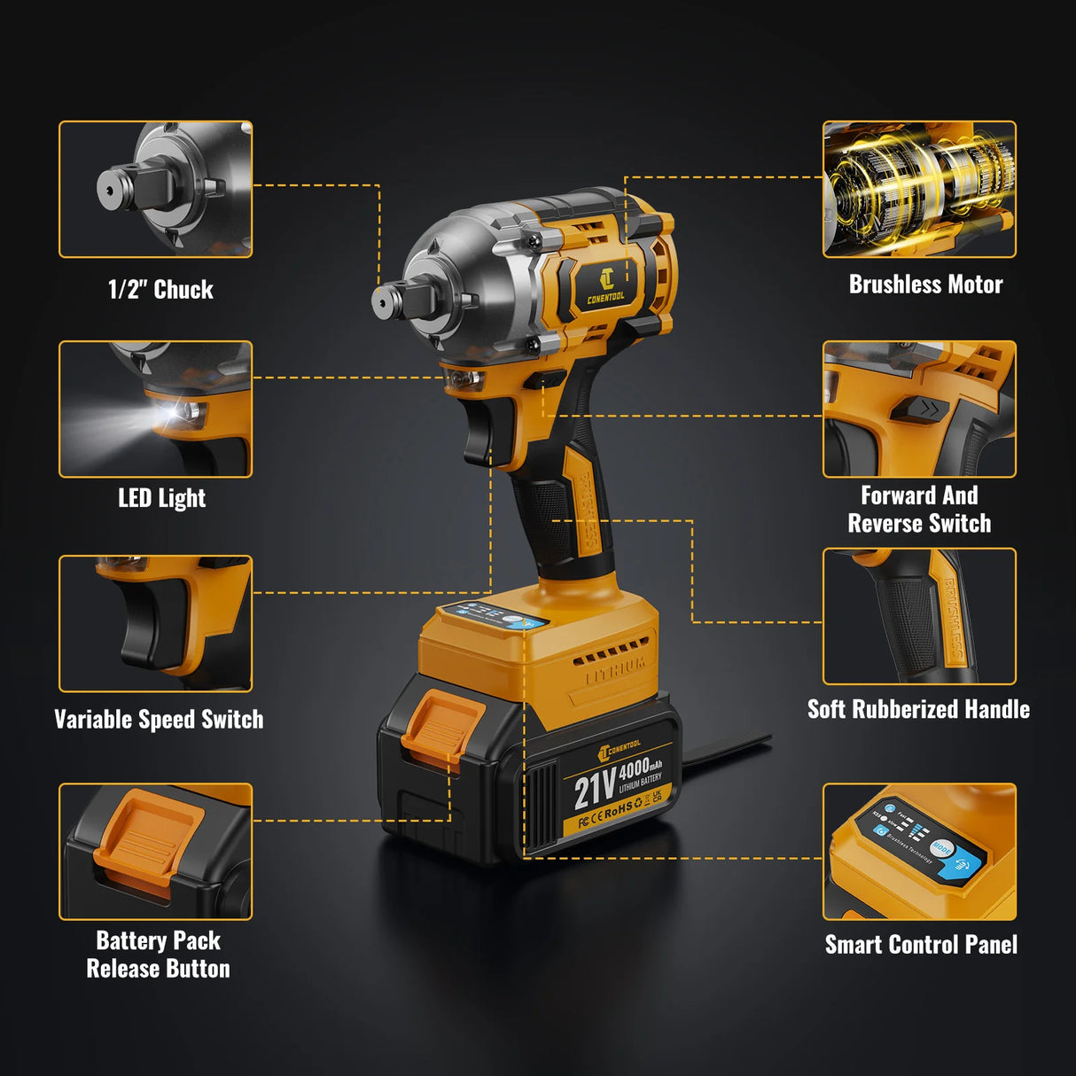 CONENTOOL 21 V Cordless Impact Wrench, 1/2in 680N.m High Torque Drill, Brushless Impact Gun with 2x 4000mah Batteries, 6 Sockets