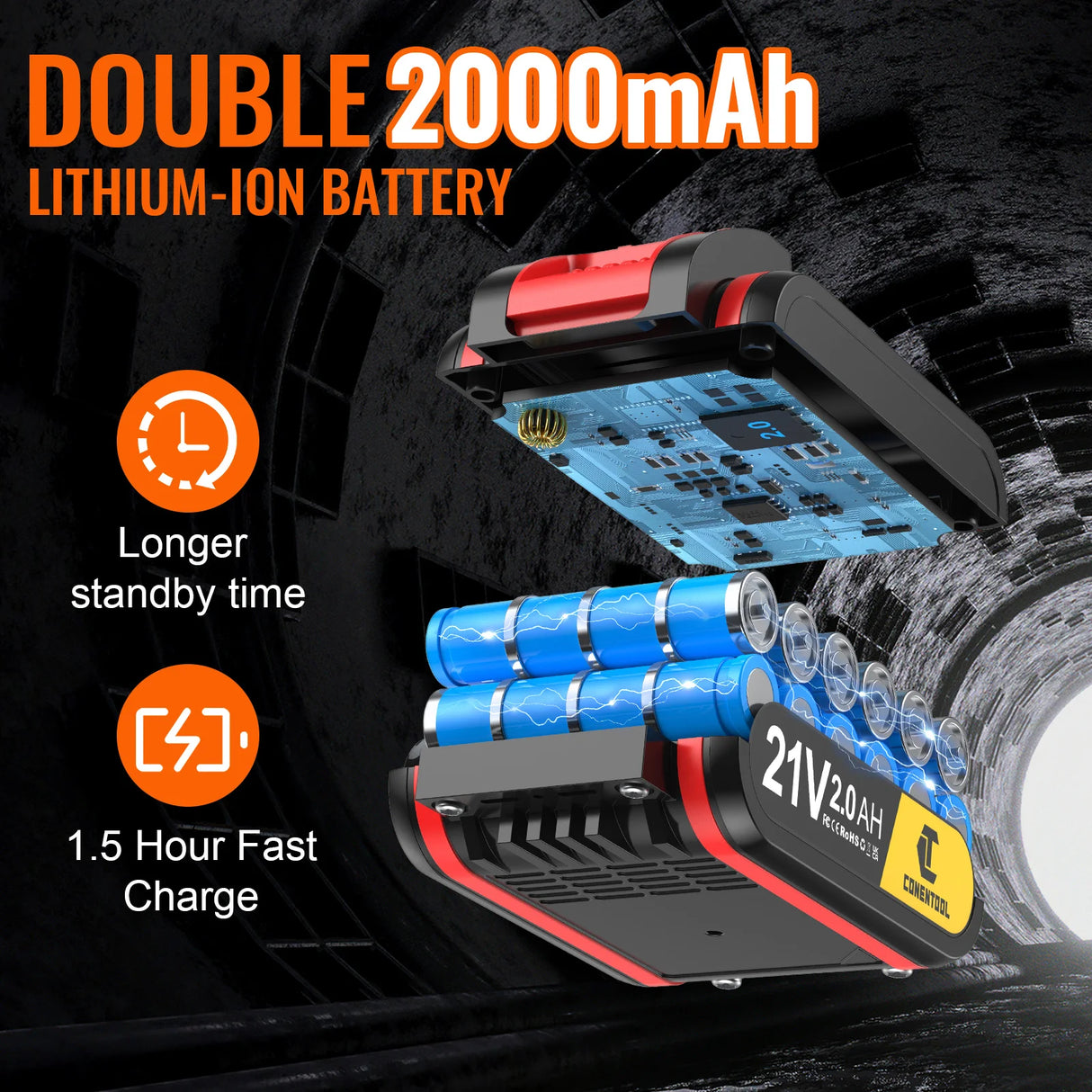 CONENTOOL Cordless Drill Driver 21V, Cordless Hammer Drill with 2 Batteries 2000mAh, 45N.m Combi Drill Screwdriver, LED Light