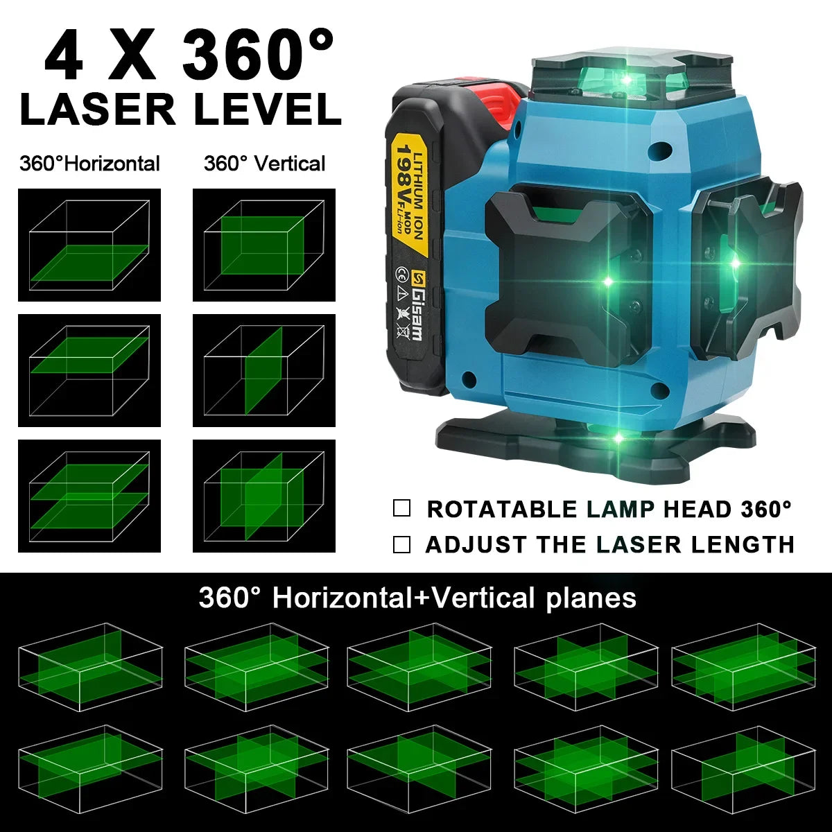 Gisam 16 Lines Laser Level Tripod Green Line SelfLeveling 360 Horizontal & Vertical Remote Control For makita 18v battery pins