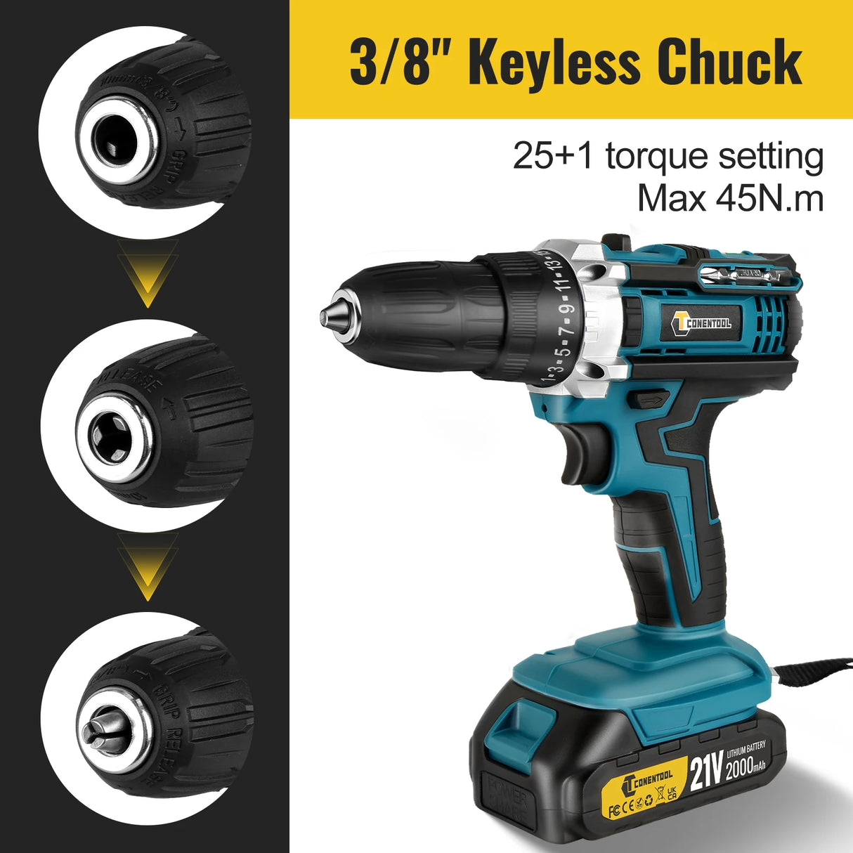 Conentool 45N.m 21V Cordless Drill Combi Set 25+1 Torque Electric Screwdriver Impact Drill Driver 2x 2.0Ah Battery for Home, DIY