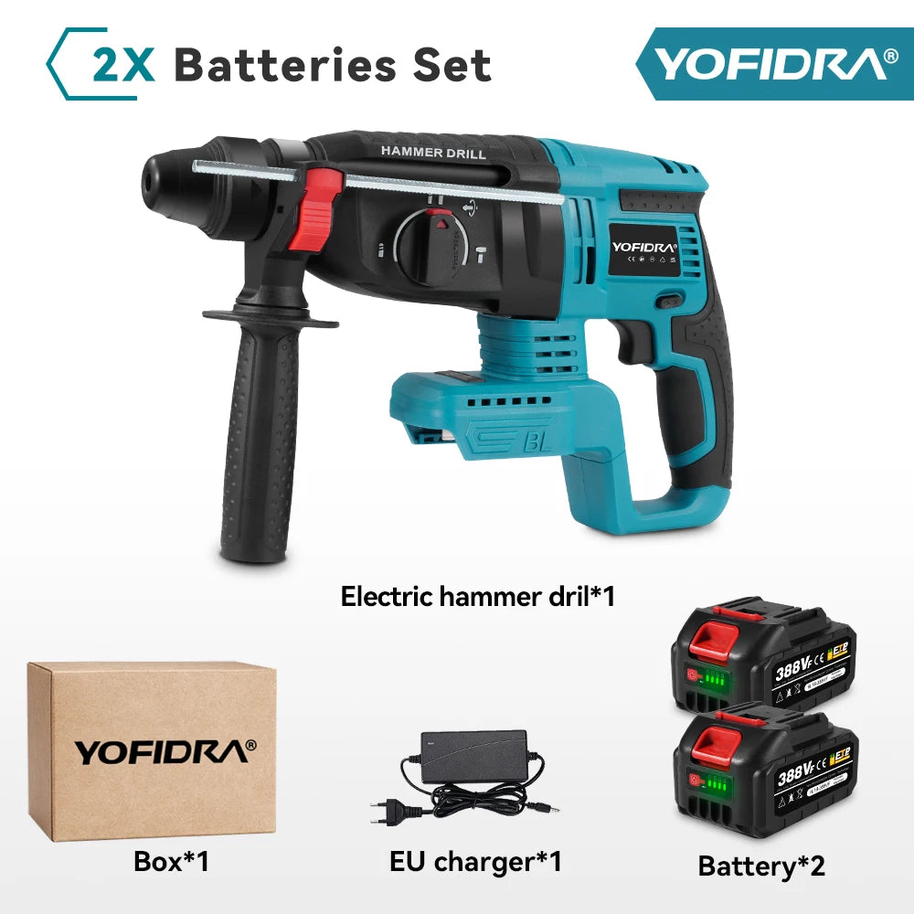 YOFIDRA Brushless Electric Hammer Impact Drill 26MM Cordless Woodworking Impact Drill Power Tools Set For Makita 18V Battery Pin