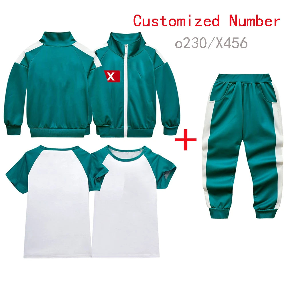 Customized Kids Calamarii Games 2 Costume Korea Boys Girls Green Sportswear Sweatshirt X456 O230 for Team Carnival Party Outfits