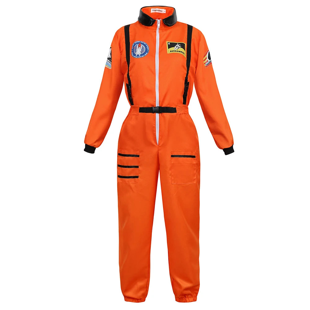 Adult Astronaut Costume for Women Men Flight Suit Costume Cosplay Space Astronaut Blue Full Body Jumpsuit with Zipper Carnival