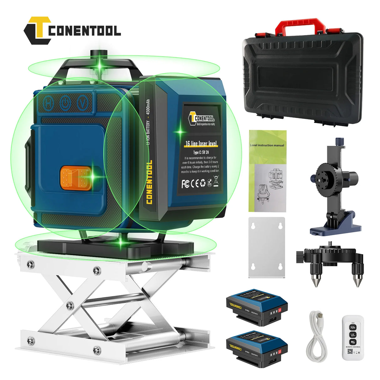 Conentool Lasers Levels 16 Lines Green Horizontal And Vertical 360°Self-leveling 4D Lasers Levels Tools 2pcs Set 4500mAh Battery