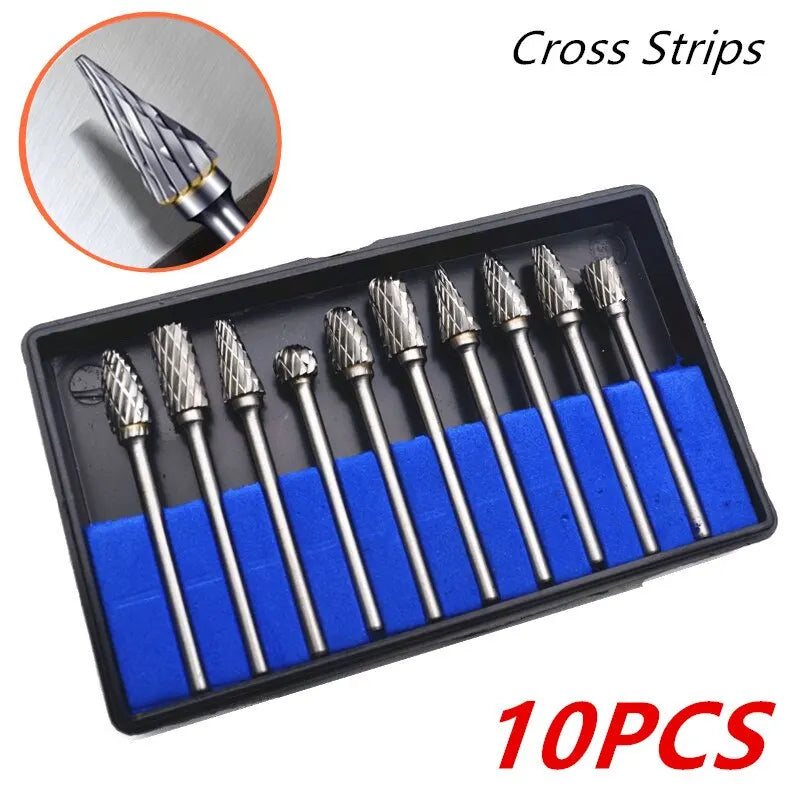 10pcs Carbide Burr Set, Hard Alloy Tungsten Steel Double Cut Rotary File Milling Cutter Head, Woodworking Grinding Carvin