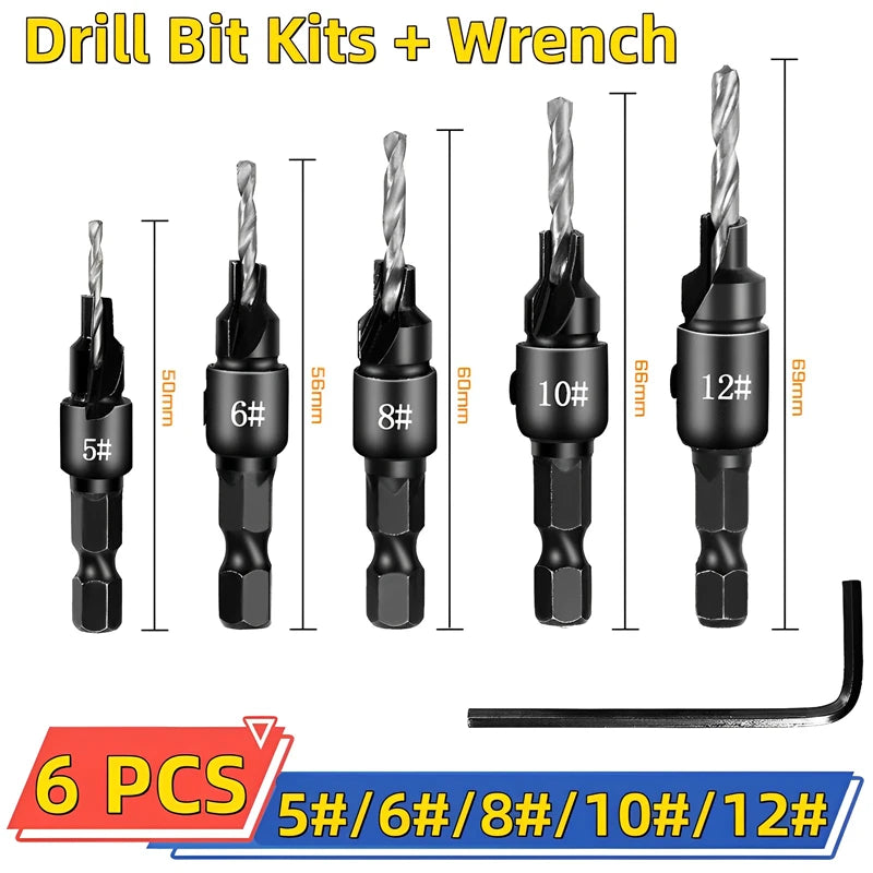 5pcs Countersink Drill Woodworking Drill Bit Set Drilling Pilot Holes for Screw Sizes #5 #6 #8 #10 #12 Cutter Screw Hole Drill