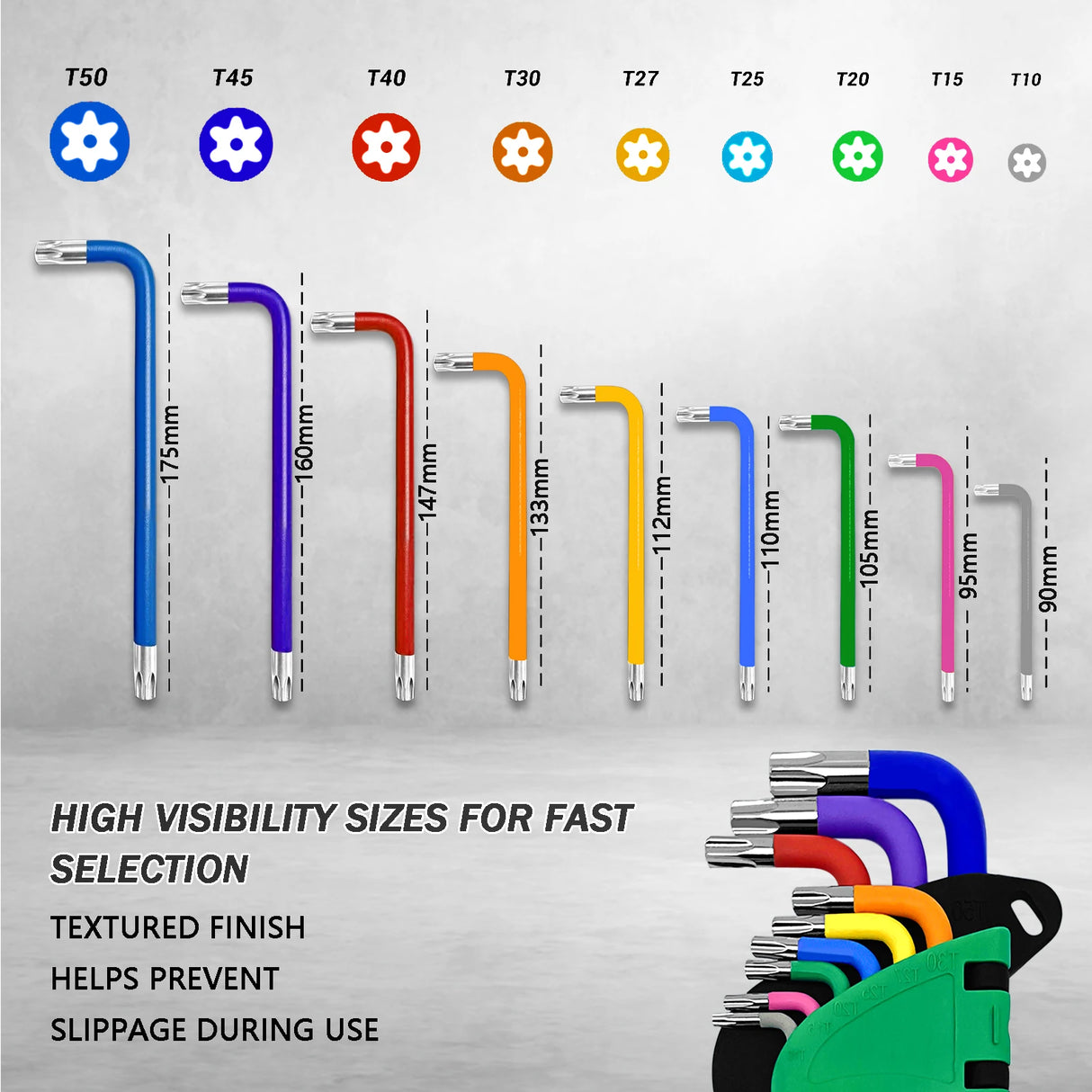 9Pcs Torx Key Set Star End Long Folding Wrench Set T10-T50 Hex Extra Security Colour Coded for Vehicle Bicycle Repairs Tool