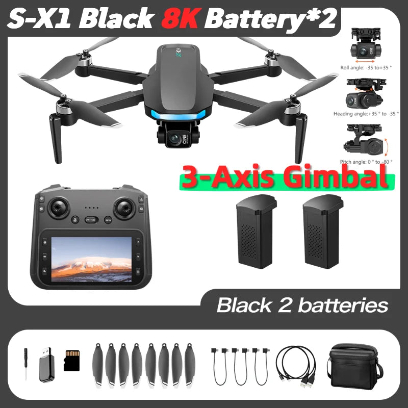 S-X1 MAX GPS Drone with 3-Axis Gimbal 5000m FPV 8K/4K HD Camera with LCD RC Screen 3 Batteries Professional RC Quadcopter Gifts