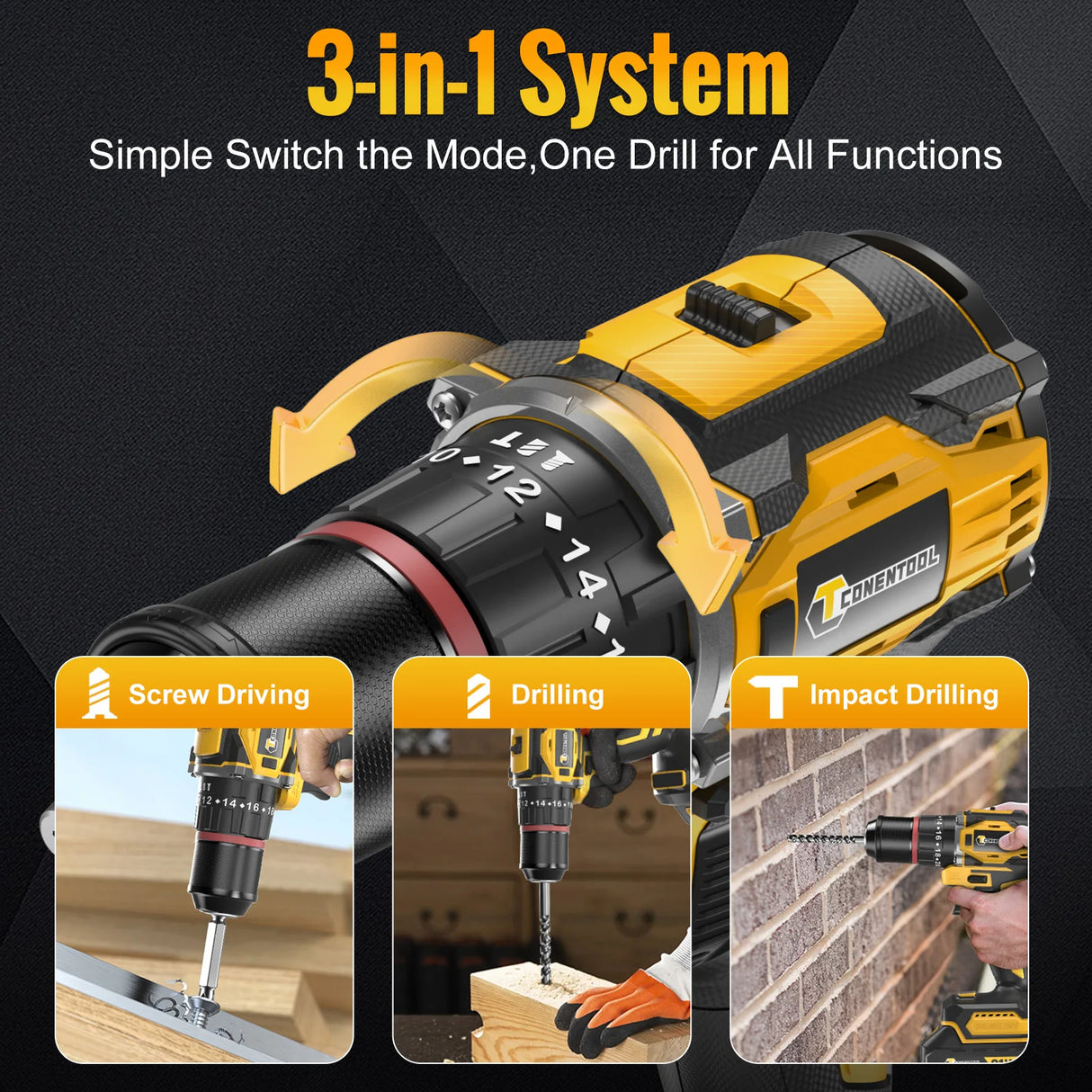 CONENTOOL 21V Brushless Heavy-Duty Impact Drill, 52N.m, 3/8" Keyless Metal Chuck, 28+3 Clutch, Cordless Drill with 2.0Ah Battery