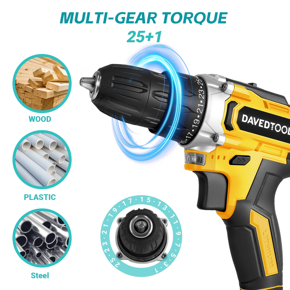 DAVEDTOOL 21V Cordless Drill Multifunctional Impact Screwdriver 2pcs Battery and 24pcs Tool 2 Gear Speed Electric Drill Driver