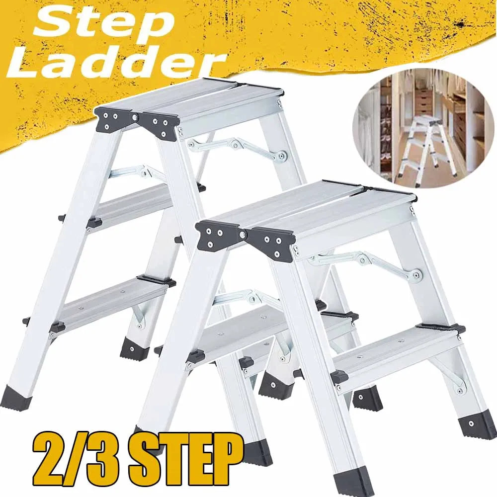 2/3 Step Folding Ladder Lightweight Aluminium Ladder Non-Slip Herringbone Ladder Wide Platform Steps for Working Household