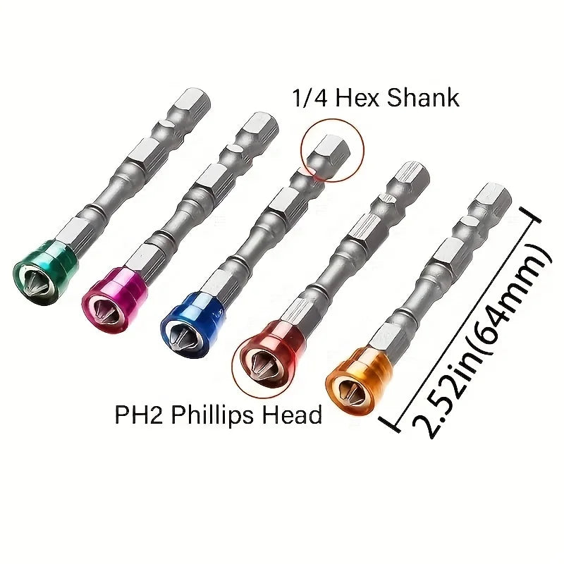 5Pcs Magnetic Screwdriver Bit Drill Cross-head PH2 Magnetic Screwdriver Bits 1/4 Inch Hex Shank Drywall Electric Screwdriver Set