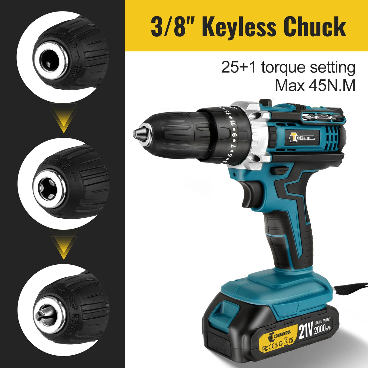 CONENTOOL 10MM 35+3 Torque 48N.m Impact Electric Drill Cordless Electric Screwdriver DIY Household Tool For Makita 21V 2 Battery