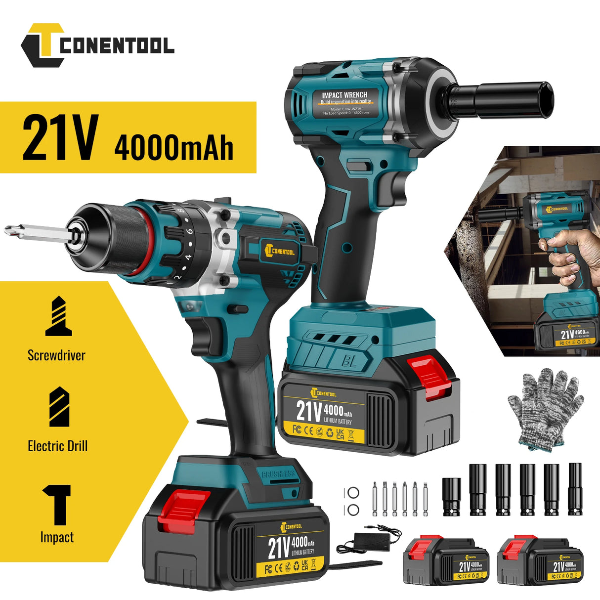 CONENTOOL 21V 520N.m Brushless Electric Impact Wrench Drill Driver Power Tool Combination 120N.m Drill Screwdriver with Battery