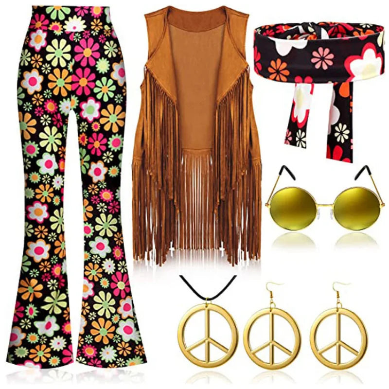 Halloween Hippie Costume Women's Set for Carnival 70s Clothing Accessories Six-Piece Set Tassel Vest+Pants+Headband Set