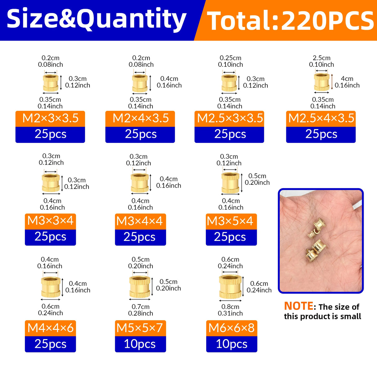 220pcs M2 - M6 Brass Heat Insert Nuts for 3D Printers. Knurled, double - twill threads. Ideal for hot - melt embedding.