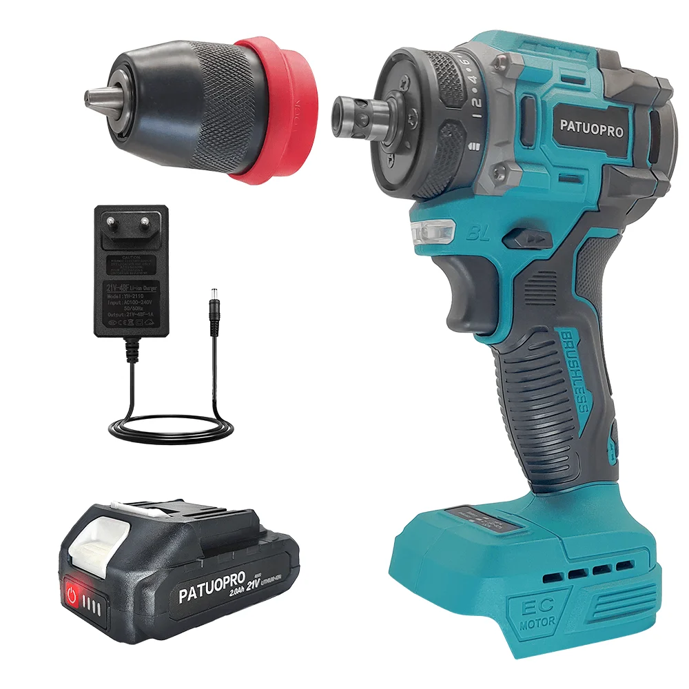PATUOPRO 2 In 1 Cordless Electric Drill 10MM Chuck Brushless Screwdriver Rechargeable Driver Power Tool For Makita 18V Battery