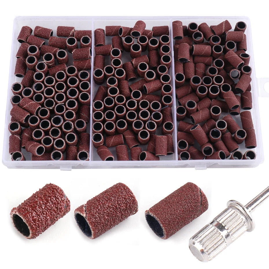 210pcs/Box Sanding Cap Bands For Electric Manicure Machine 180/120/80 Grit Nail Drill Grinding Bit Files Pedicure Tool Set