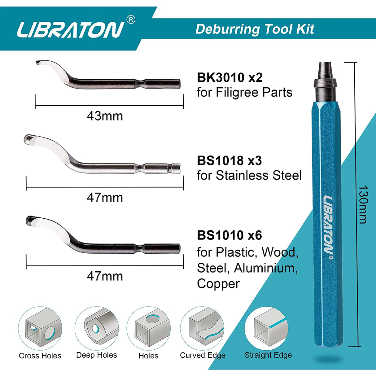 Libraton Deburring Tool with 11 HSS Steel Blades, 360 Degree Rotary Head Deburring Tool for Metal Resin Plastic 3D Printing Wood