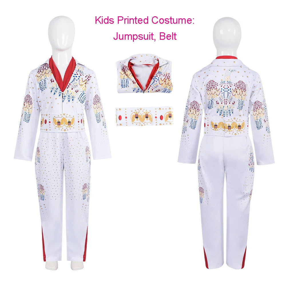 Elvises Cosplay Costume Anime Presleleying Rocker Singer Performance Jumpsuit Suit Adult Kids Party Halloween Costume For Men
