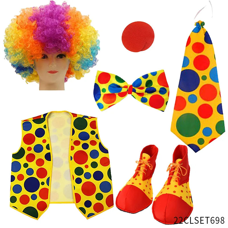 Clown Costume - Nose Wig Bow Tie Shoes Headband Gloves Hat Stockings and Vest Dress Up Cosplay Props Accessories