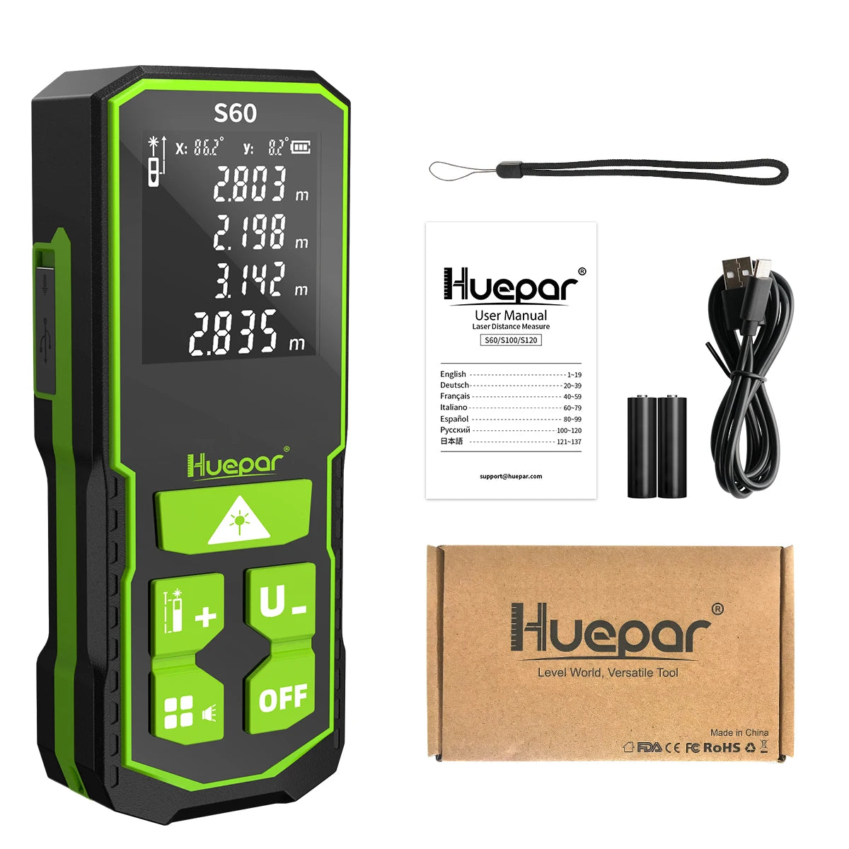 Huepar Laser Distance Meter 60M(100M/120M) Electronic Roulette LCD Digital Rangefinder Trena Metro Measuring Tape Ruler Tools