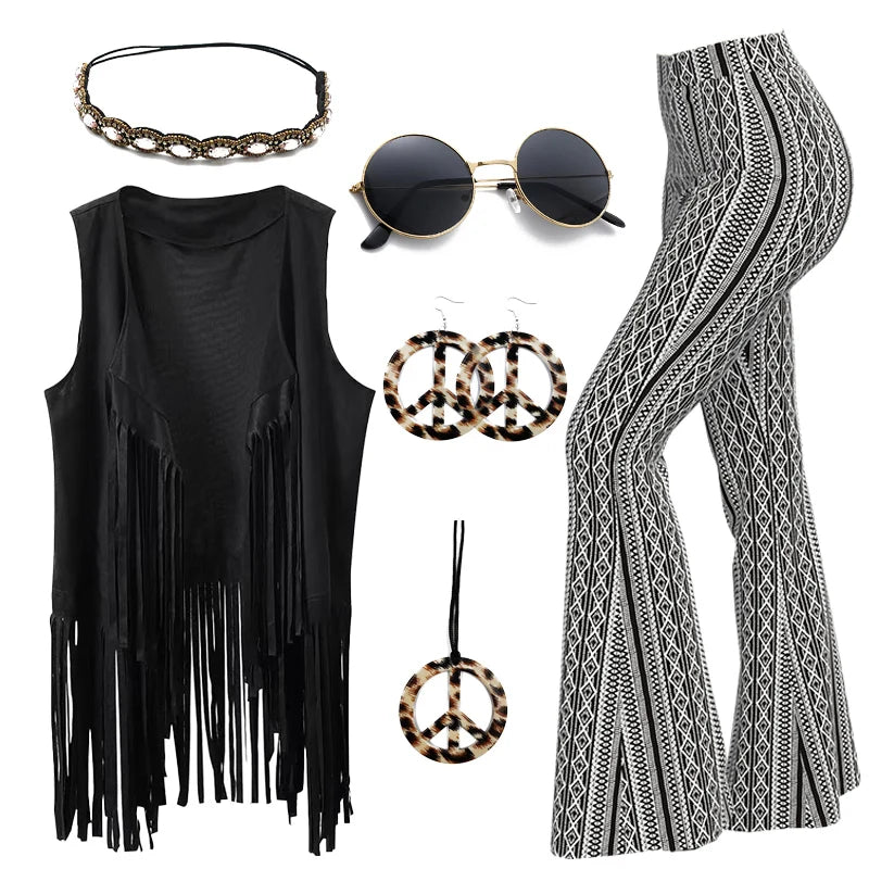 60s 70s Hippie Disco Cosplay Costume Women Hip Tassels Hippie Vest Cardigan Flared Pants Set Halloween Carnival Party