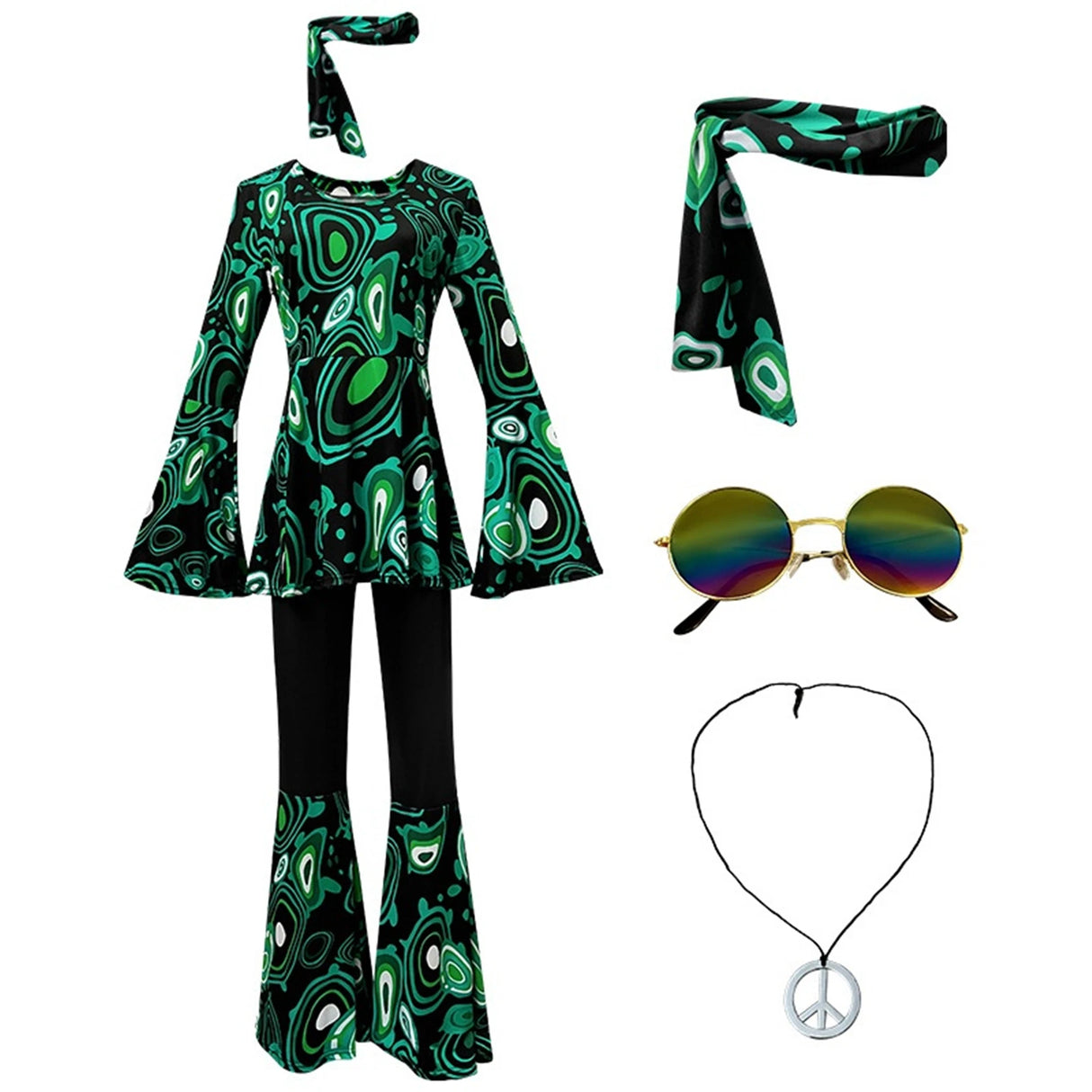 Women 60s 70s Outfits Hippie Costume Set Disco Outfit Dress Boho Flared Pants Hippie Shirt Headband
