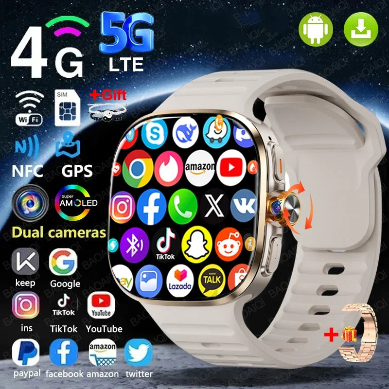 New Large Screen Smartwatch 4G/5G Android 10.0 AMOLED 2.4 inch 900W Pull-out Swivel Camera WIFI GPS Smart watch 16GB+256GB RAM