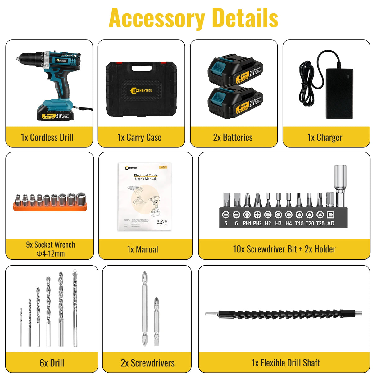 Conentool 45N.m 21V Cordless Drill Combi Set 25+1 Torque Electric Screwdriver Impact Drill Driver 2x 2.0Ah Battery for Home, DIY