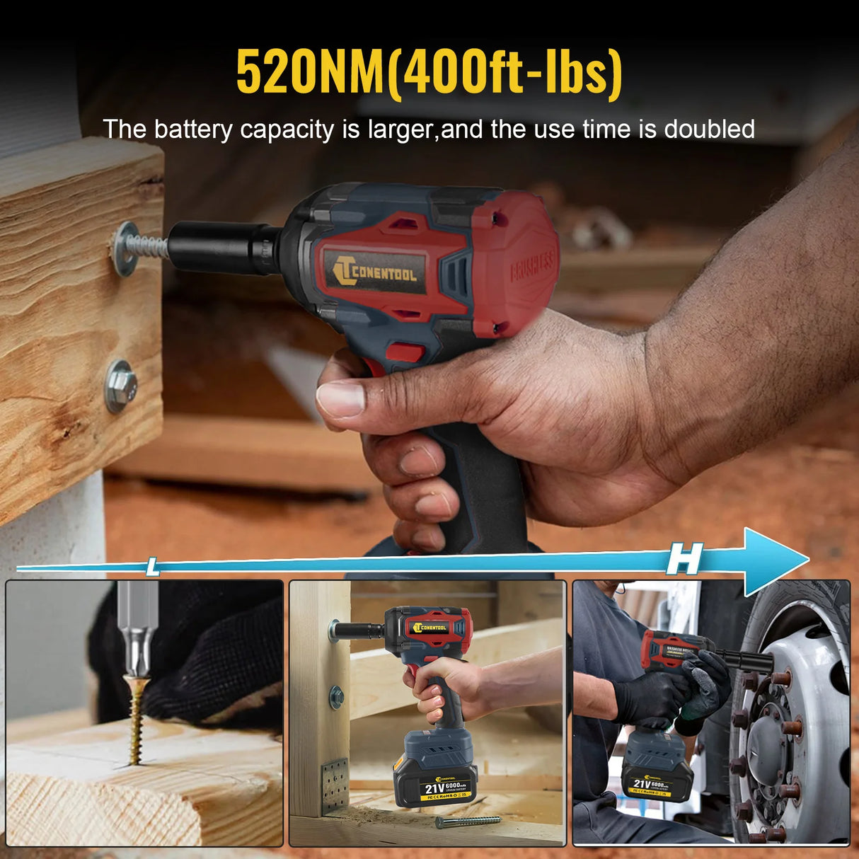 CONENTOOL 21V Cordless Electric Impact Wrench 520N.m Drill Gun Ratchet Driver With 2x 6000mAh Batteries & Carry Box for Car Home