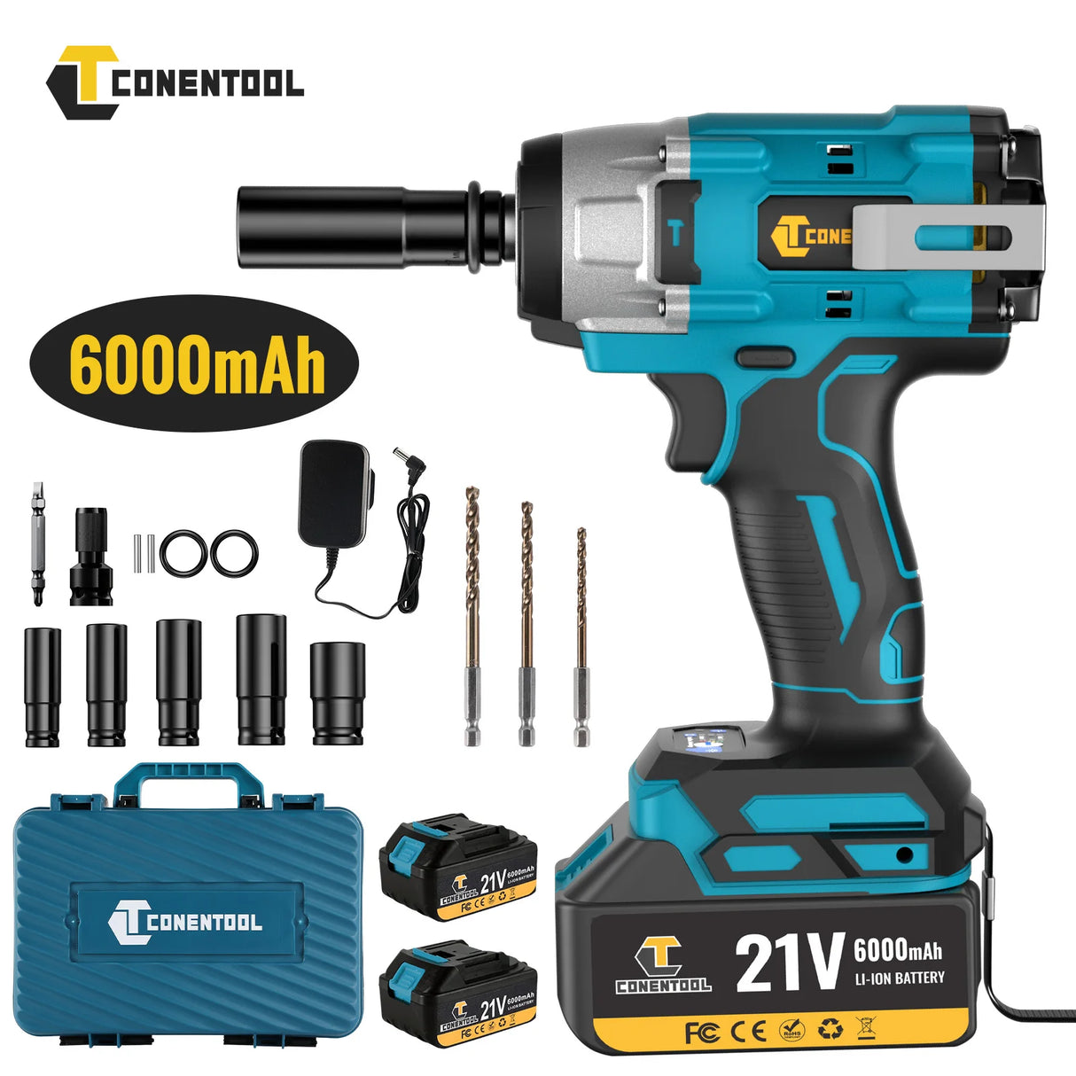 Conentool 21V Brushless Electric Impact Wrench 680N.m Cordless Electric Wrench Tool Kit Set with 2 Batteries and 14p Accessories