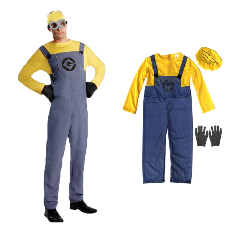 Family Little Yellow Men Cosplay Costume Set Adult Yellow Shirt Blue Overalls Halloween Carnival Party Role Play Outfit