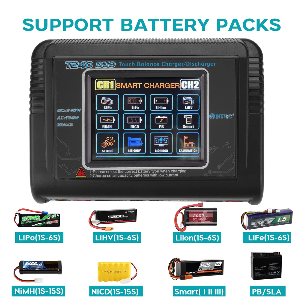 HTRC T240/K6+Pro/L6X2/C150 Lipo Charger Dual Channel AC 150W DC 240W RC Charger for Lipo NiMH NiCD LiHV NiCd PB Li-ion Battery