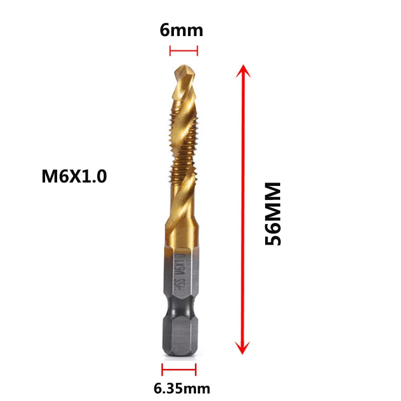 Hex Shank Titanium Plated HSS Screw Thread Metric Tap Drill Bits Screw Machine Compound Tap M3 M4 M5 M6 M8 M10 Hand Tools