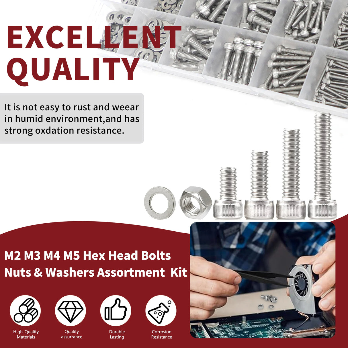 918pcs Nuts and Bolts Assortment Kit - M2, M3, M4, M5 Hex Head 304 Stainless Steel Bolts, Nuts, Flat Washers, and More