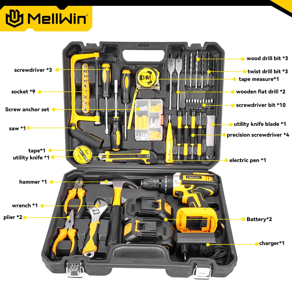 MELLWIN 25+3 Torque Electric Impact Drill 2 Speed Adjustable Cordless Electric Screwdriver Power Tool For Makita 18V Battery Pin