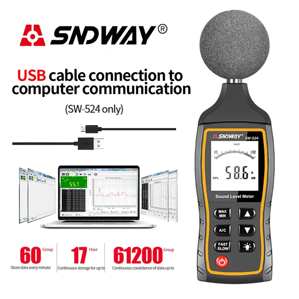SNDWAY SW-523 SW-524 Digital Sound Level Meter Decibel Monitor Tester dB Measuring Instrument Handheld Noise Audio dB Detector