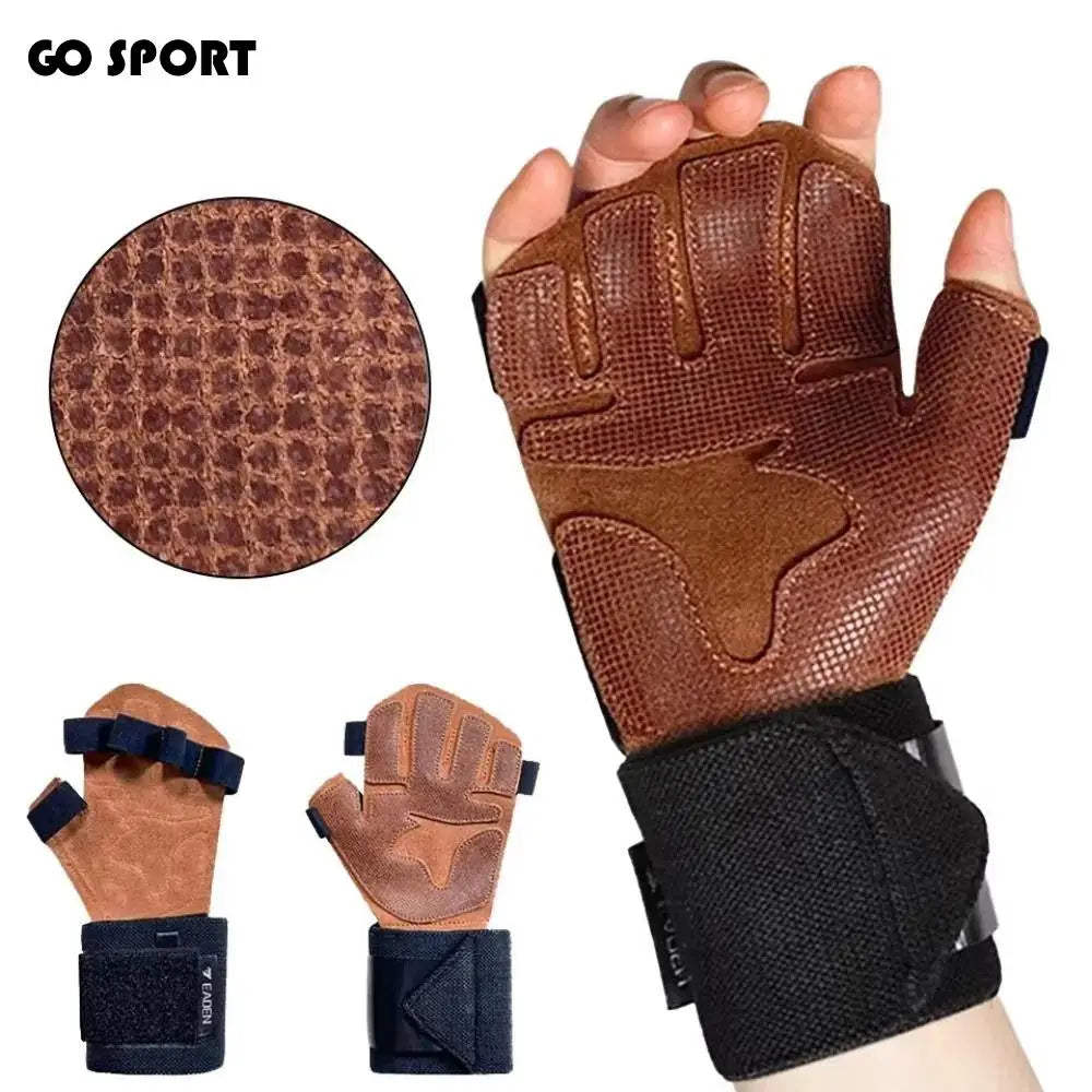 1 Pair Cowhide Weight Lifting Gloves Non-Slip Breathable Ventilated Gym Wristband Deadlift Training Fitness Workout Gloves